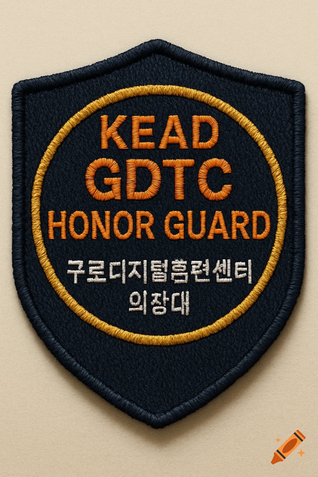 Embroidered shield-shaped patch with dark navy fabric, gold border, orange text 'KEAD GDTC HONOR GUARD', and white Korean text.