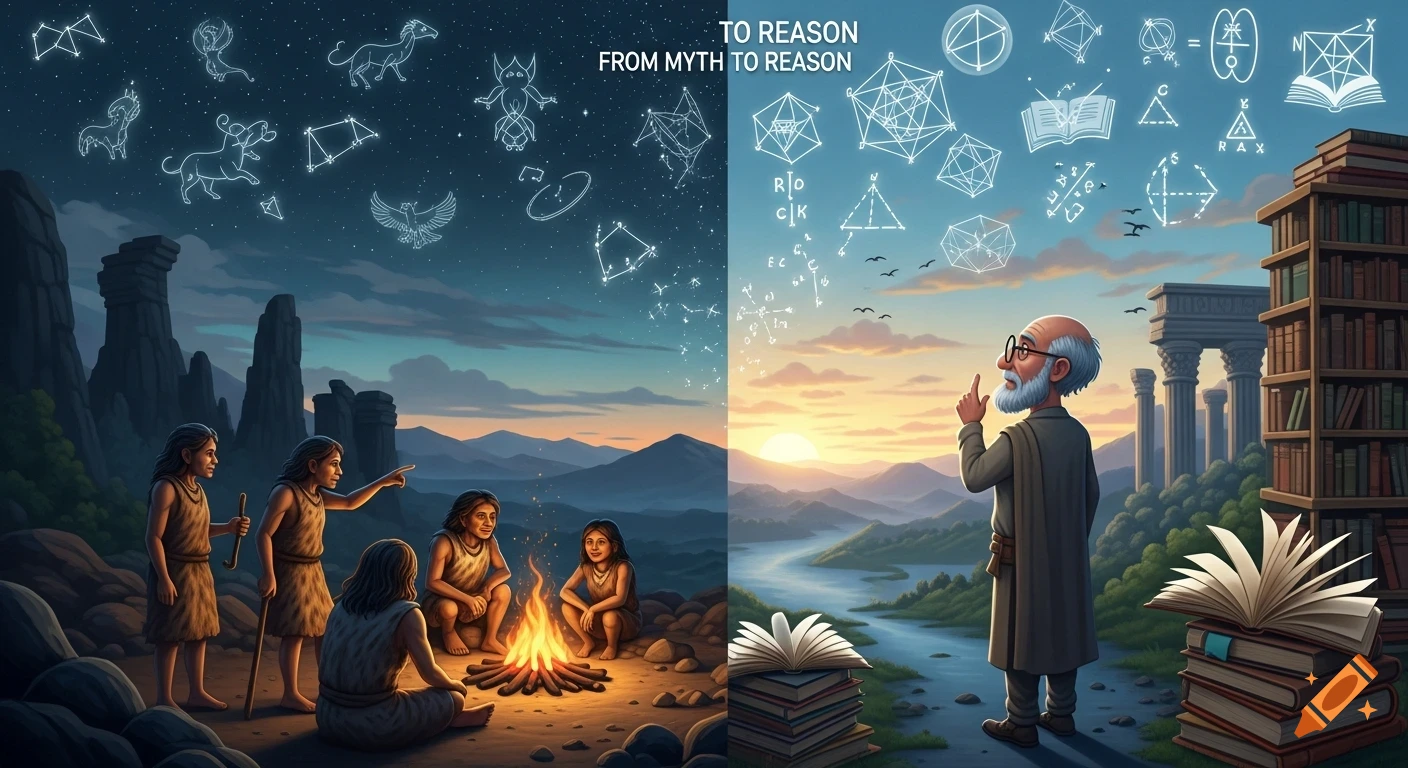 Split image: left shows ancient humans around a fire under constellations, right shows a philosopher contemplating symbols of reason and books at sunrise. Text says 'FROM MYTH TO REASON'.