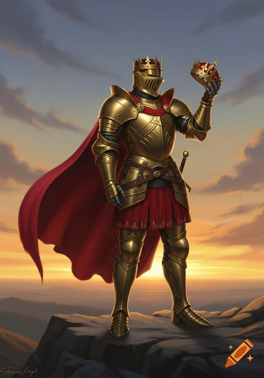 A golden armored knight in a red cape stands on a cliff, holding a crown, against a dramatic sunset sky.