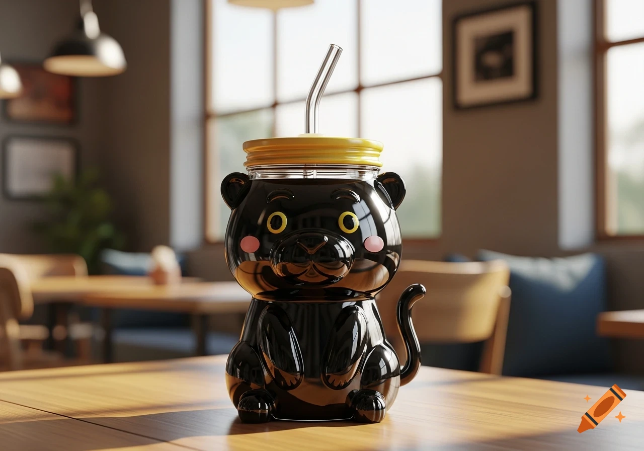 A cute black panther-shaped glass cup with a yellow lid and a straw, filled with a dark beverage, sits on a wooden table in a cafe.