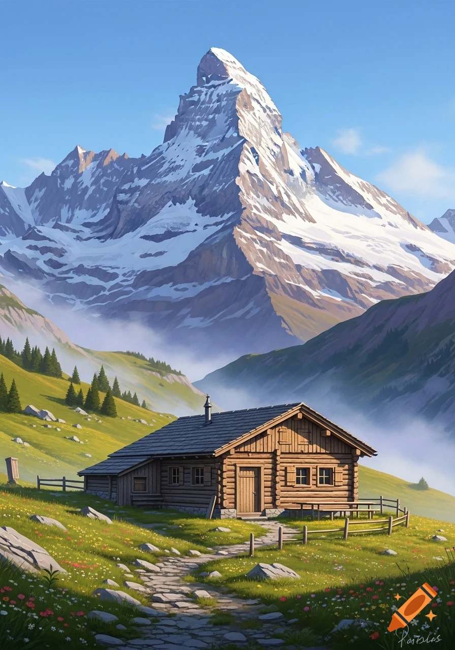 Vibrant illustration of a wooden log cabin on a green, flower-speckled hill, with a majestic snow-capped mountain under a clear blue sky.