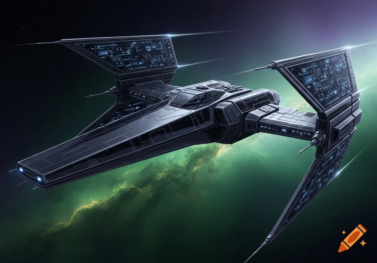 A sleek black spaceship with wide, swept-back tri-wings featuring blue circuit patterns, flying through a starry green nebula.
