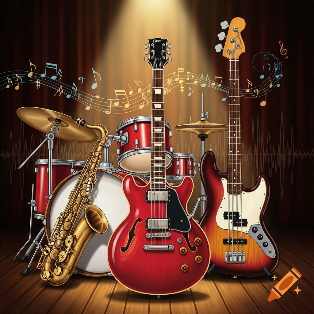 A close-up of a drum set, saxophone, red electric guitar, and bass guitar on a wooden stage with musical notes.