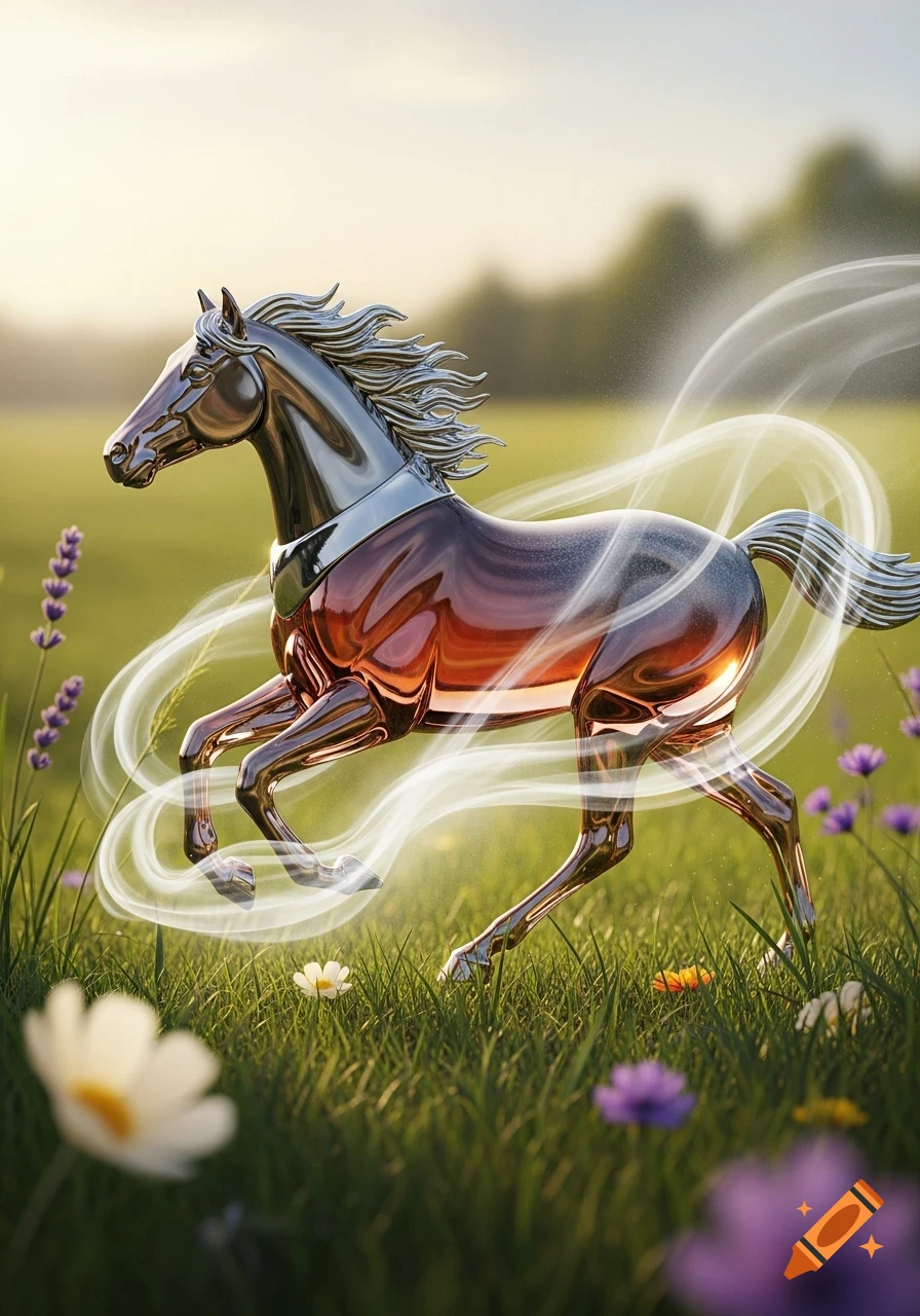 A metallic and glass horse-shaped perfume bottle gallops through a sunny field with wildflowers and glowing white wisps.