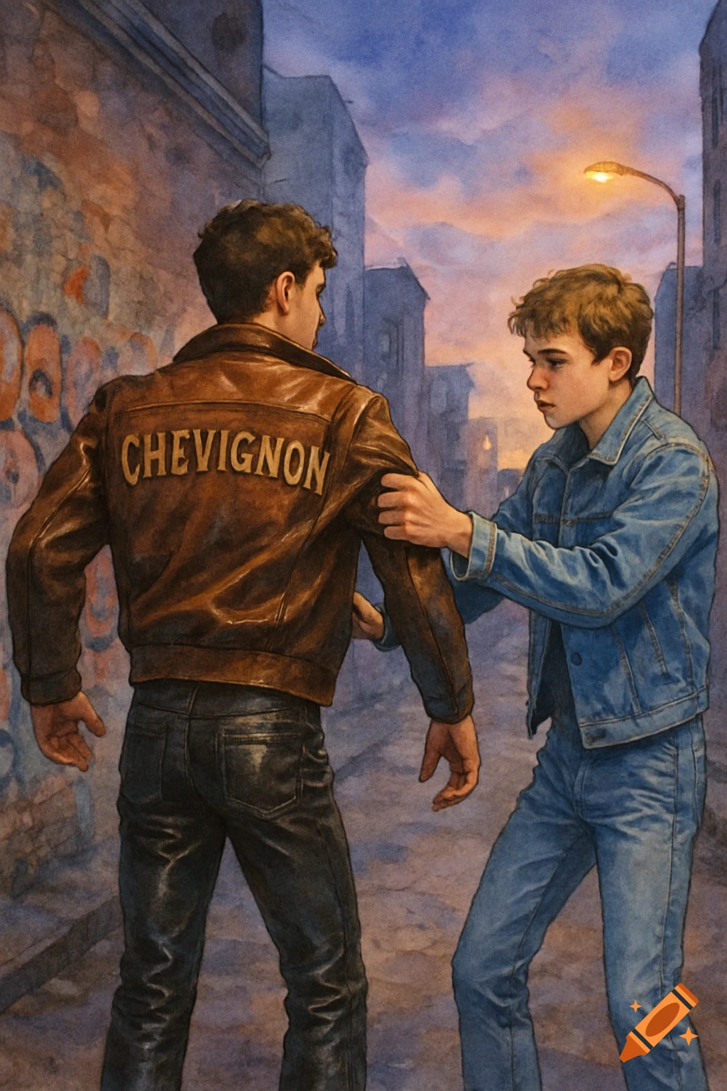 Watercolor illustration of two young men in an urban alley at sunset, one in a brown leather 'CHEVIGNON' jacket, the other in a denim jacket.