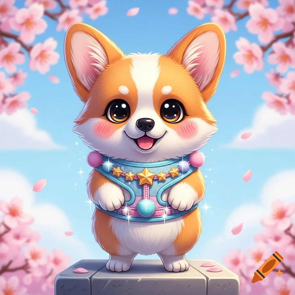 A cute, stylized kawaii corgi dog wearing a blue vest with stars, standing on a stone platform with pink cherry blossoms and a blue sky in the background.