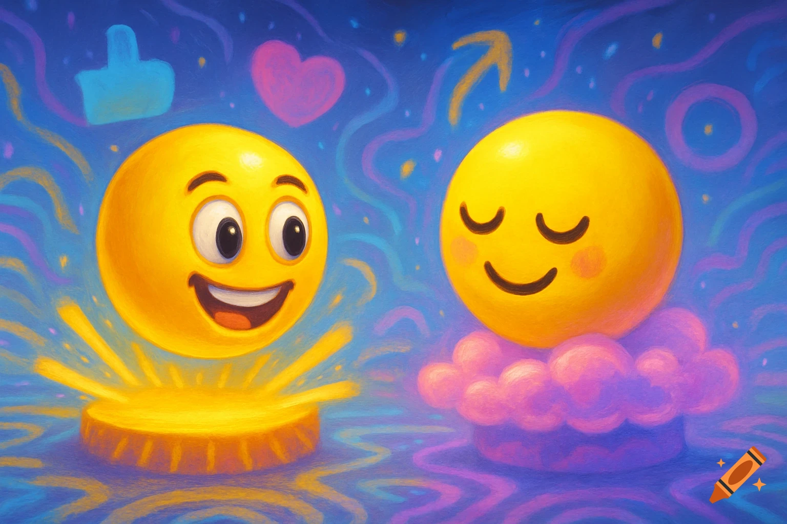 Two smiling yellow emojis, one happy, one content, surrounded by social media icons like a thumbs-up and heart, in a painterly style.