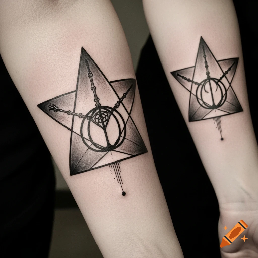 Two arms display matching geometric tattoos featuring a five-pointed star and the Deathly Hallows symbol, set against a dark background.