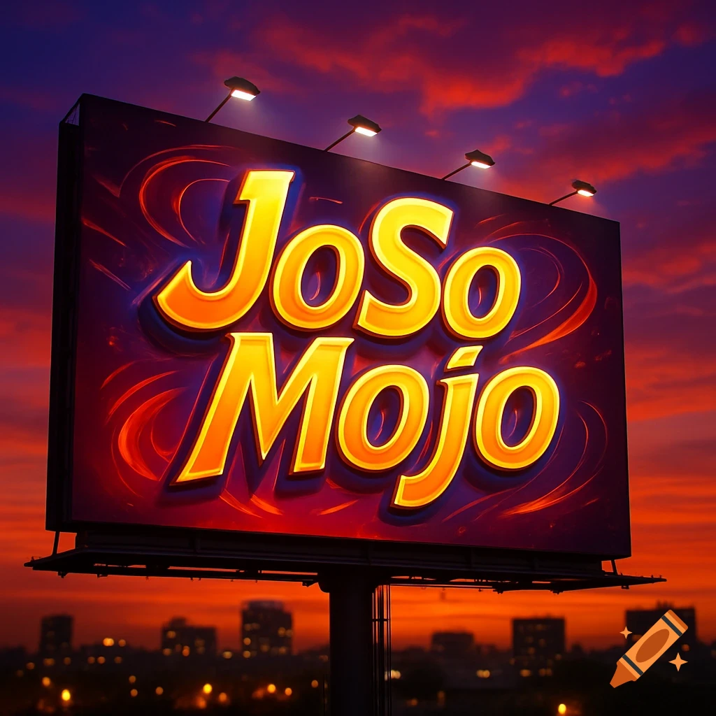 A vibrant billboard with 'JoSo Mojo' in glowing golden letters against a dramatic purple and orange sunset sky over a city silhouette.