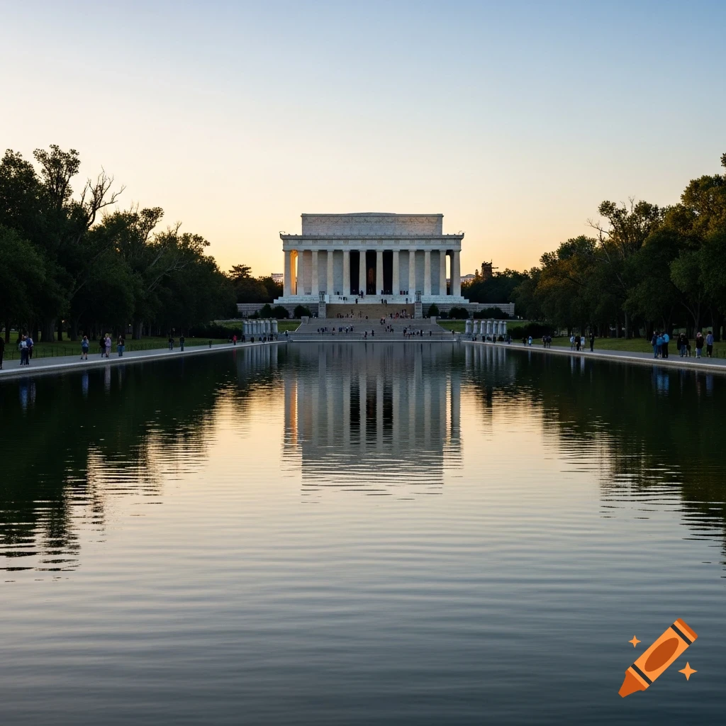 The Lincoln Memorial reflected in the Reflecting Pool at sunset, surrounded by trees and people.