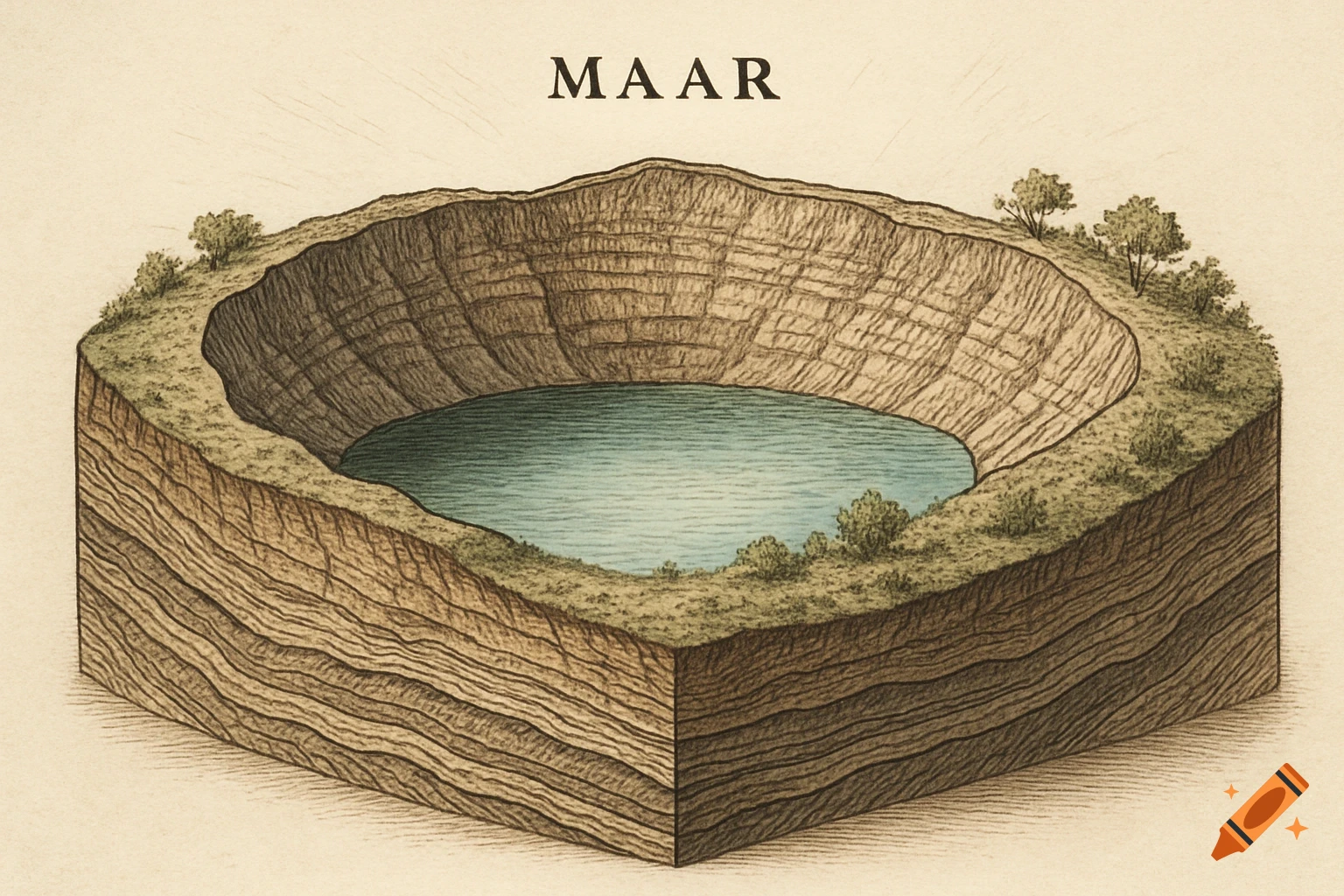 Illustrative cross-section of a maar, a lake-filled volcanic crater, with visible geological strata.