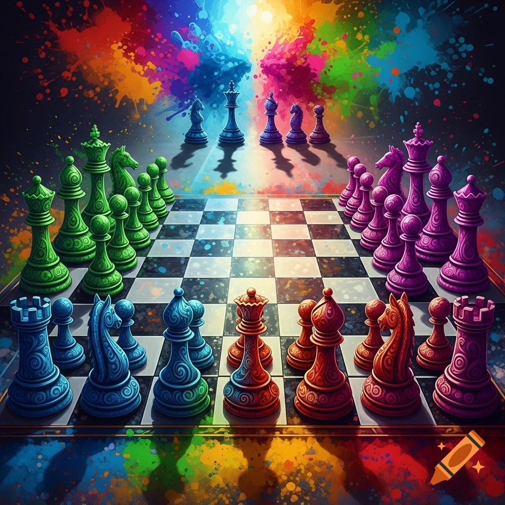 A vibrant, artistic chess board with stylized, colorful pieces arranged for play against a backdrop of paint splatters.