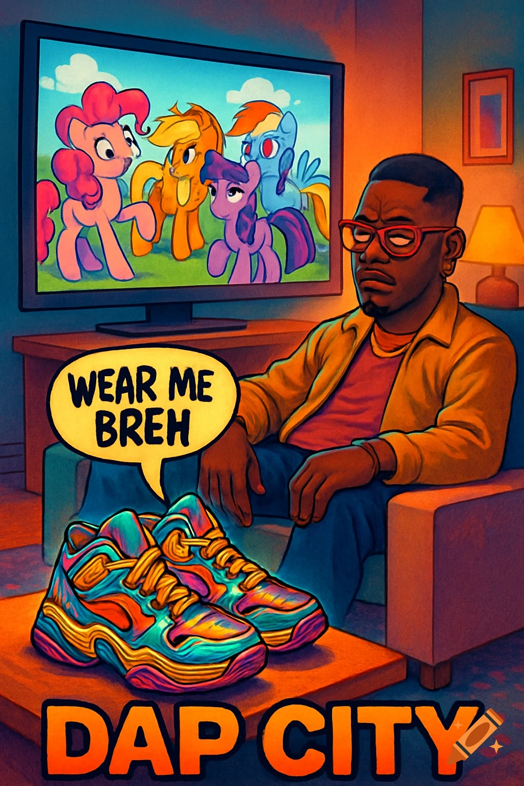 An annoyed man sits on a couch watching My Little Pony on TV, with colorful sneakers in the foreground saying "WEAR ME BREH" and "DAP CITY".