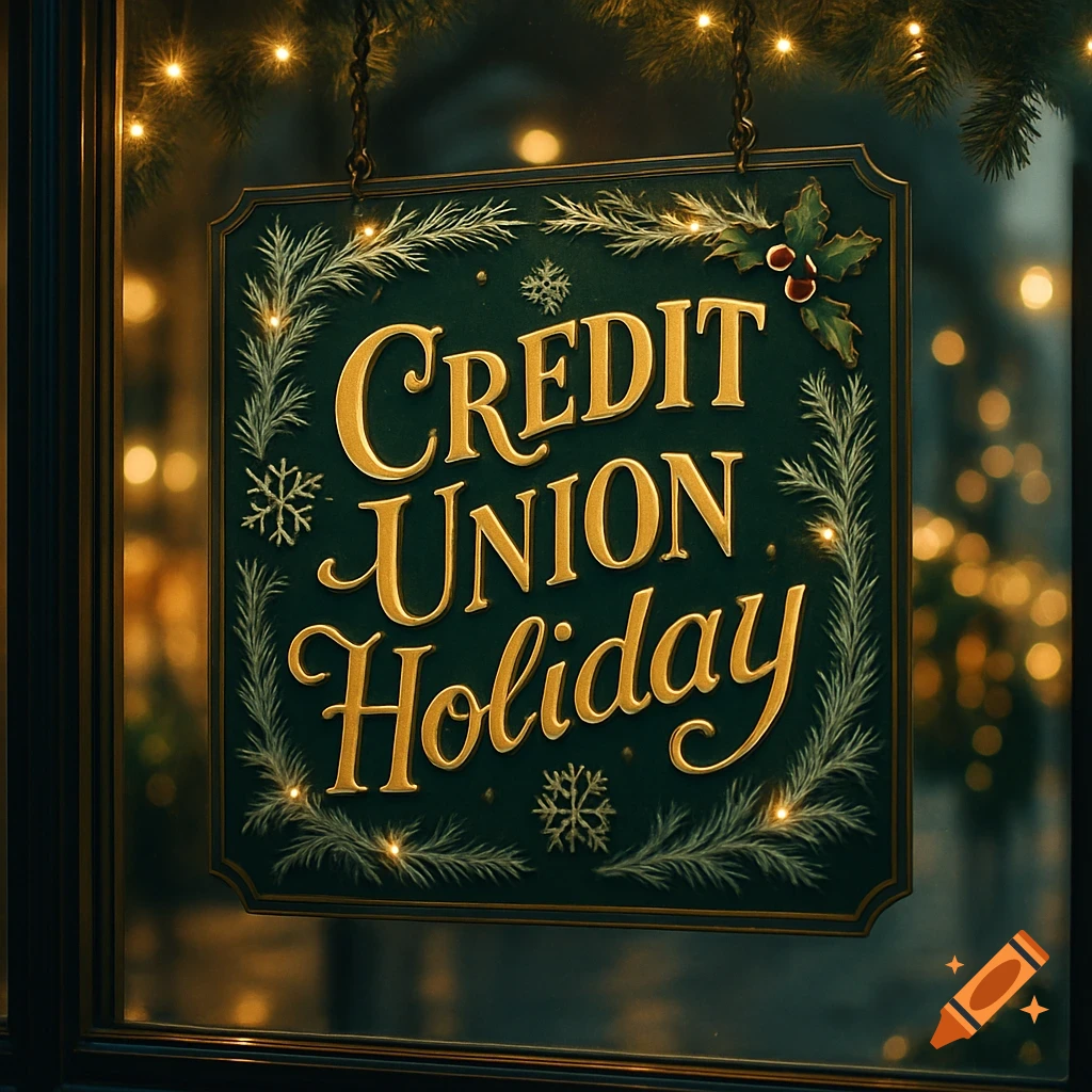 A festive, green hanging sign with golden text reading 'CREDIT UNION Holiday', decorated with holly, snowflakes, and illuminated by fairy lights.