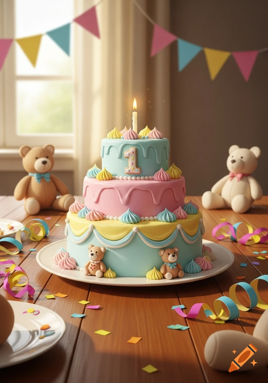 A pastel-colored three-tier birthday cake with a number '1' candle, decorated with meringue kisses and tiny teddy bears, set on a wooden table with confetti and streamers.