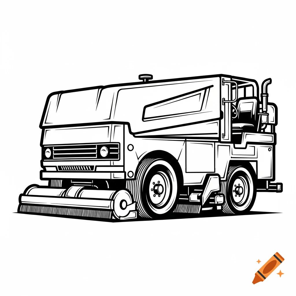 A black and white bold line art drawing of a Zamboni ice resurfacer on a white background.
