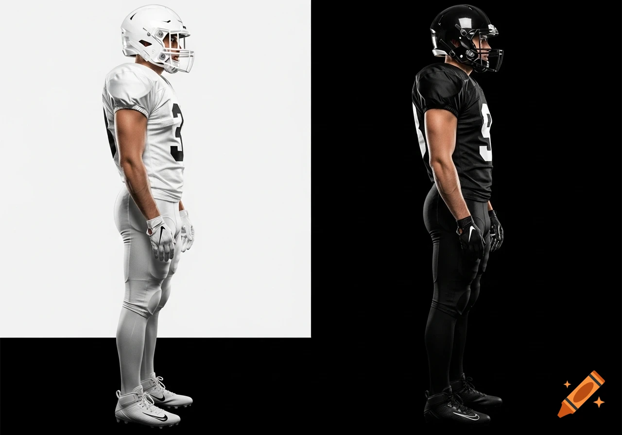 Photorealistic side view of two American football players, one in white uniform on a white background, the other in black uniform on a black background.