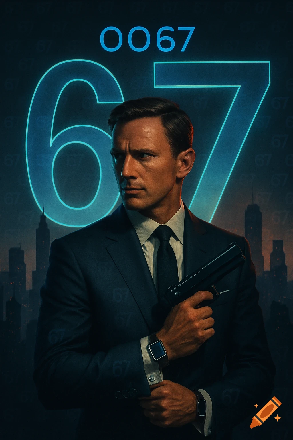 A stylized movie poster featuring a man in a suit holding a pistol, with large, glowing blue "0067" numbers in the background over a city skyline.
