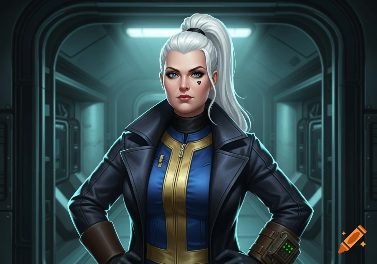 A stylized depiction of a female overseer from the Fallout universe. She has white hair in a high ponytail, a black mole under her right eye, and wears a blue and gold Vault suit under a black trench coat, standing in a sci-fi corridor.