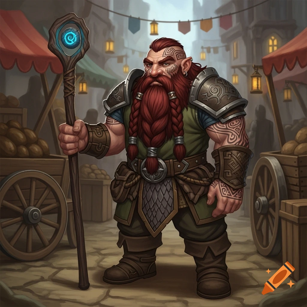 A fantasy illustration of a muscular dwarf merchant with a red braided beard, facial and arm tattoos, and armor, holding a glowing staff in a market street.