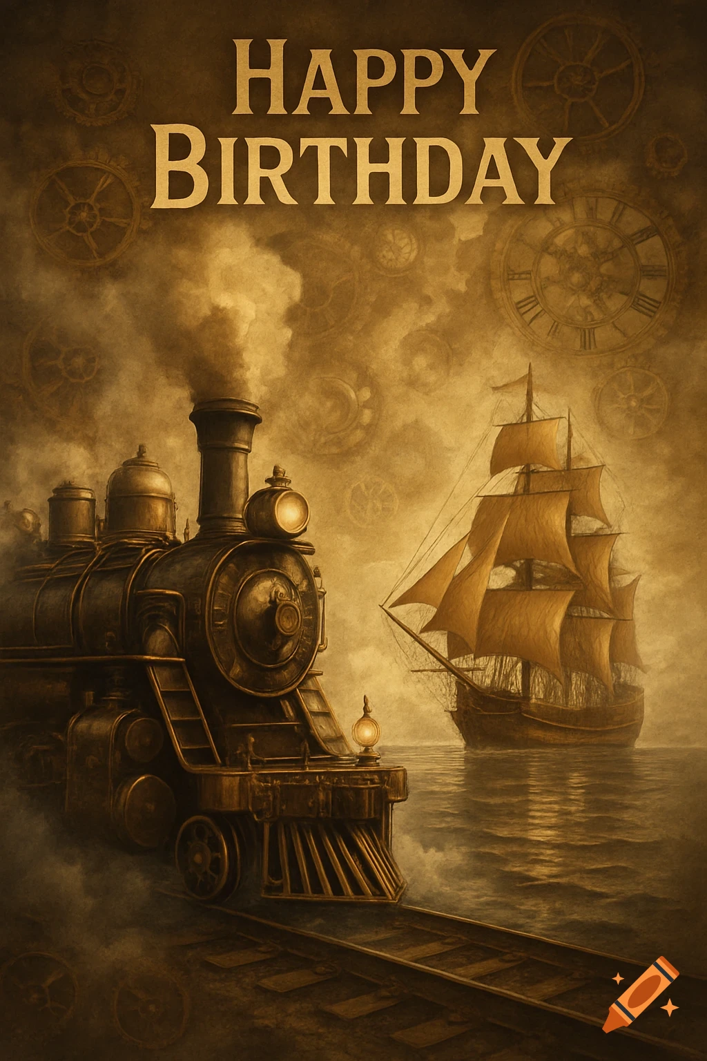 Sepia-toned steampunk birthday card with a train and sailing ship under 'HAPPY BIRTHDAY' text, with gears and clocks in the background.