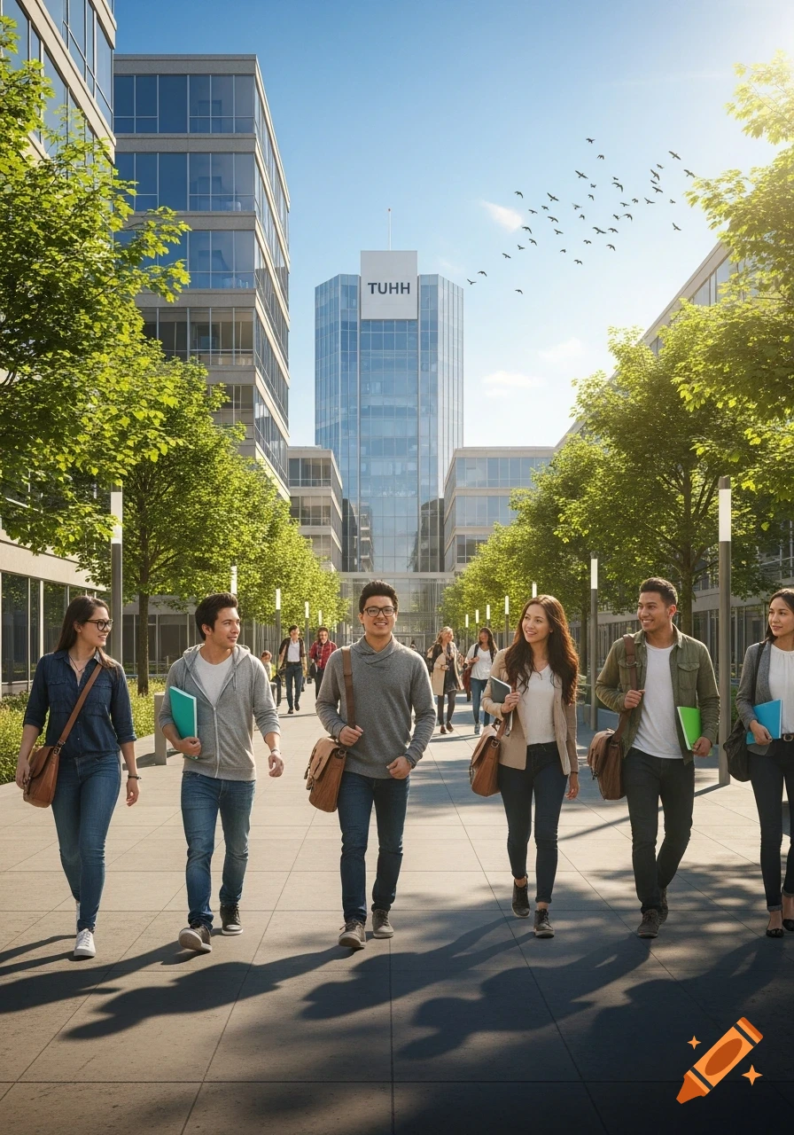 A diverse group of students walks along a tree-lined campus pathway with modern glass buildings, one featuring 'TUHH' signage, under a sunny sky.