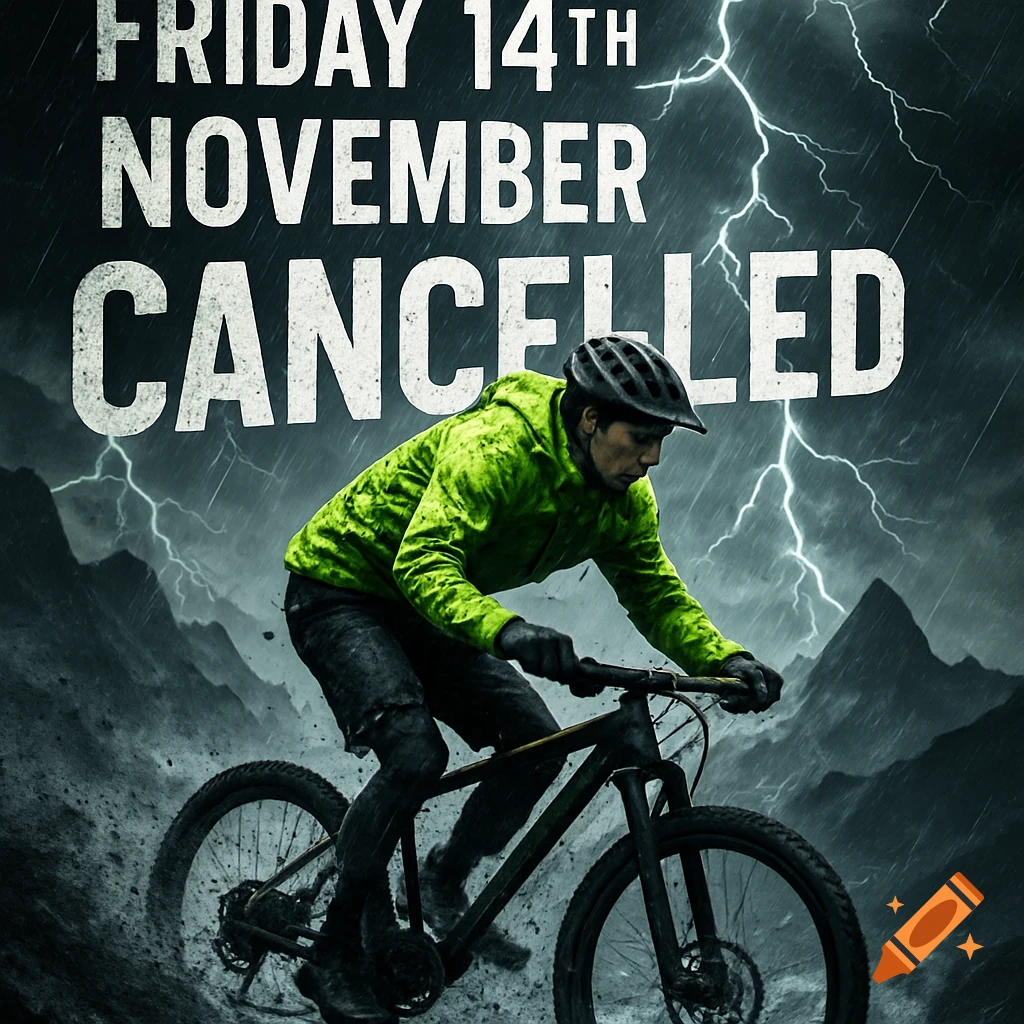A mountain biker in a neon green jacket rides through a stormy mountain landscape with lightning, text reads 'FRIDAY 14TH NOVEMBER CANCELLED'.