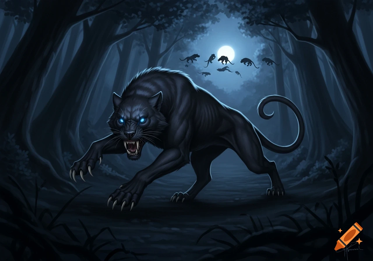 A menacing black panther-like creature with glowing blue eyes and sharp claws crouches in a dark forest under a full moon, with shadowy figures of its pack behind it.