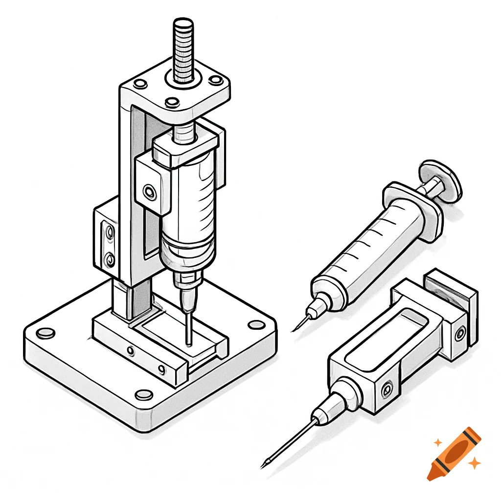 Patent-style 3D line drawing of a modular syringe extrusion head and two interchangeable syringe modules.
