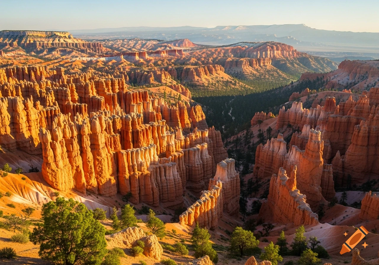 Vast panoramic view of Bryce Canyon with hoodoos and rock formations illuminated by golden hour light.