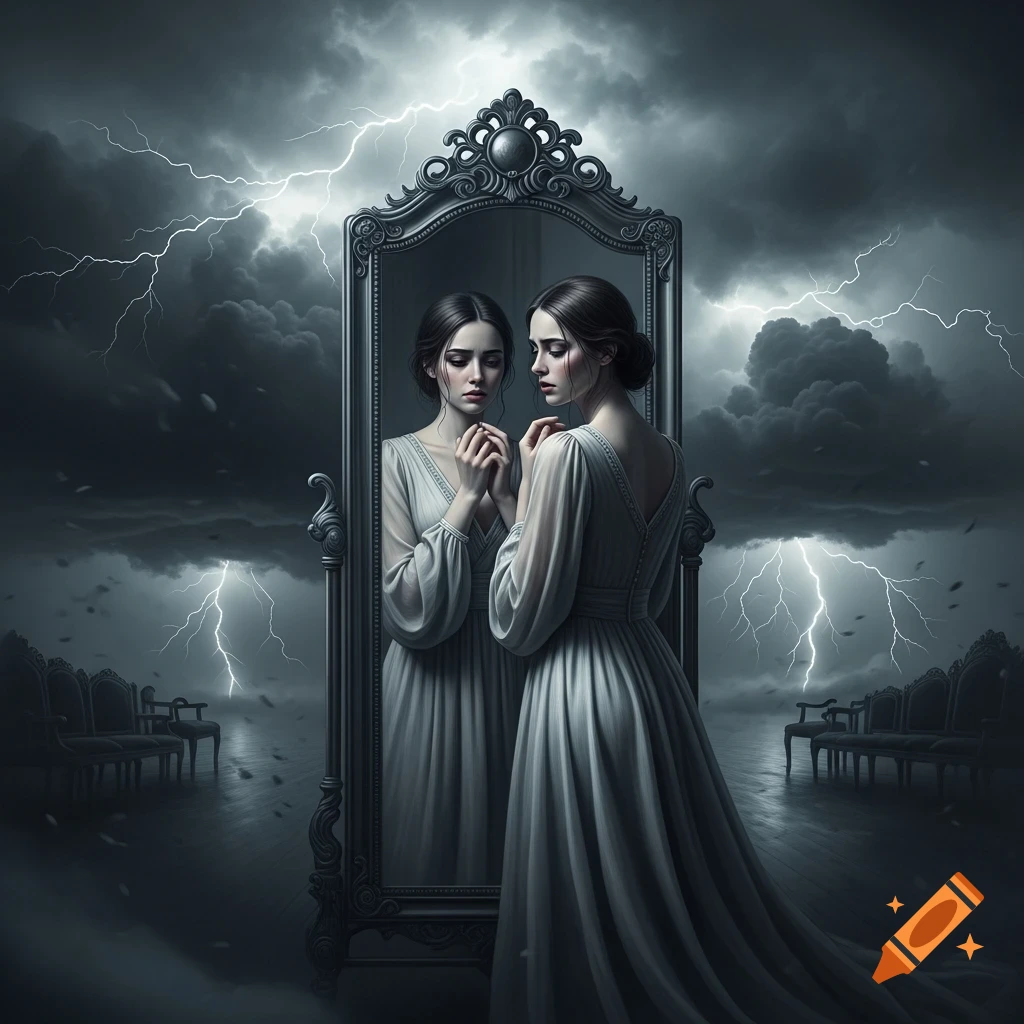 A somber woman in a gown looks at her reflection in an ornate mirror
