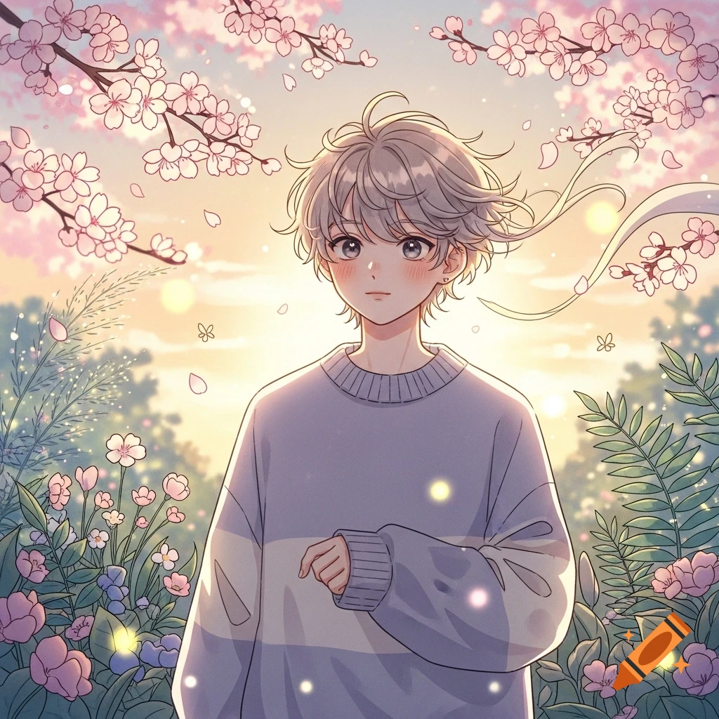 Anime style boy with light hair in a spring garden with pink cherry blossoms and flowers, golden light.