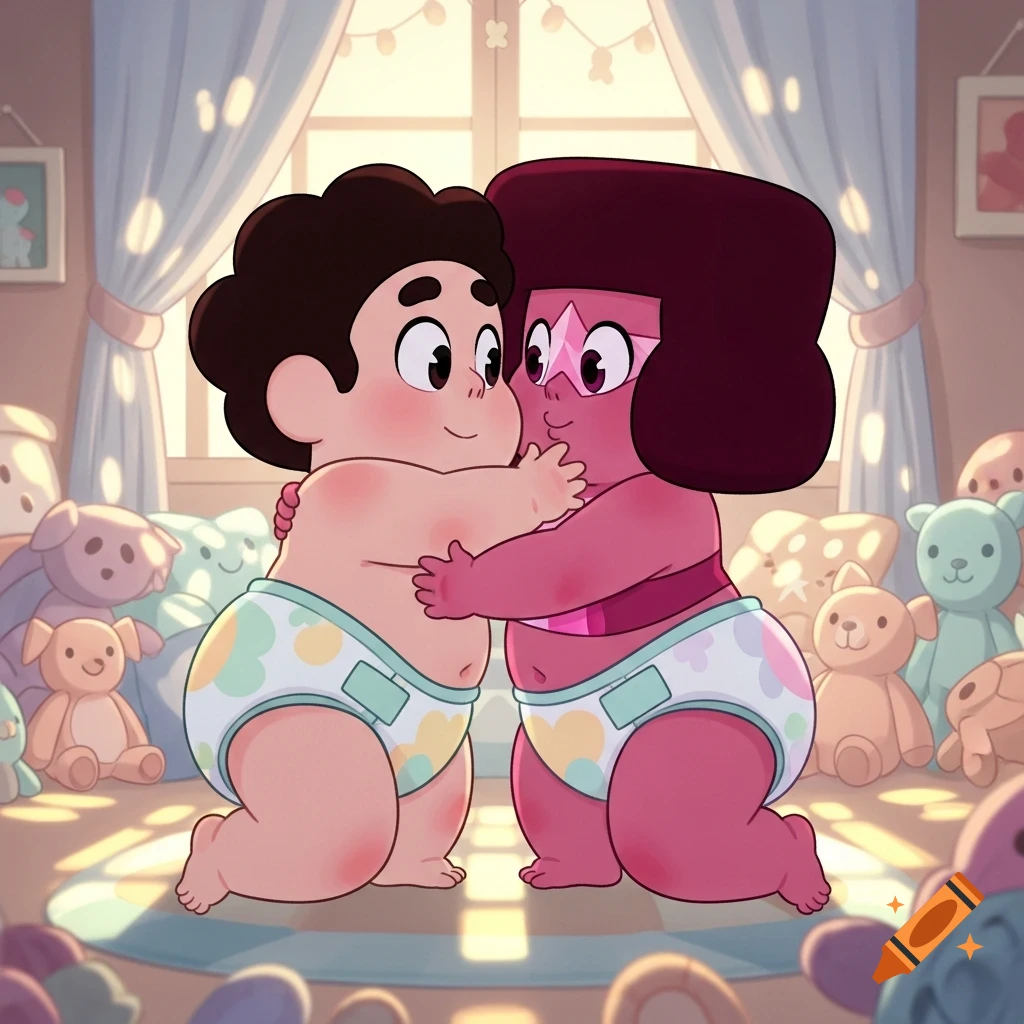 Cartoon babies Steven and Garnet from Steven Universe hugging in a cozy nursery with stuffed animals.