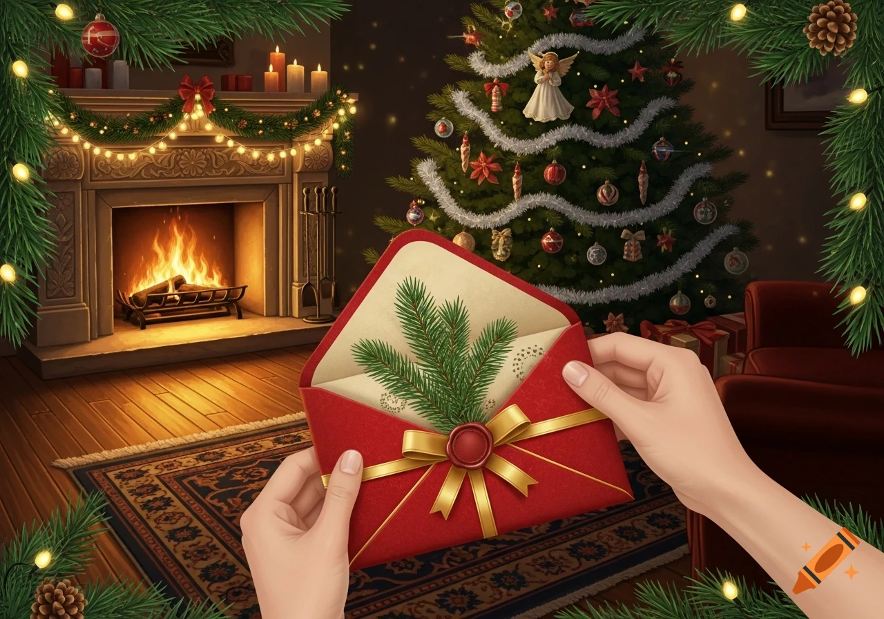 Hands open a red Christmas envelope with a pine branch inside, in a festive room with a fireplace and decorated tree.