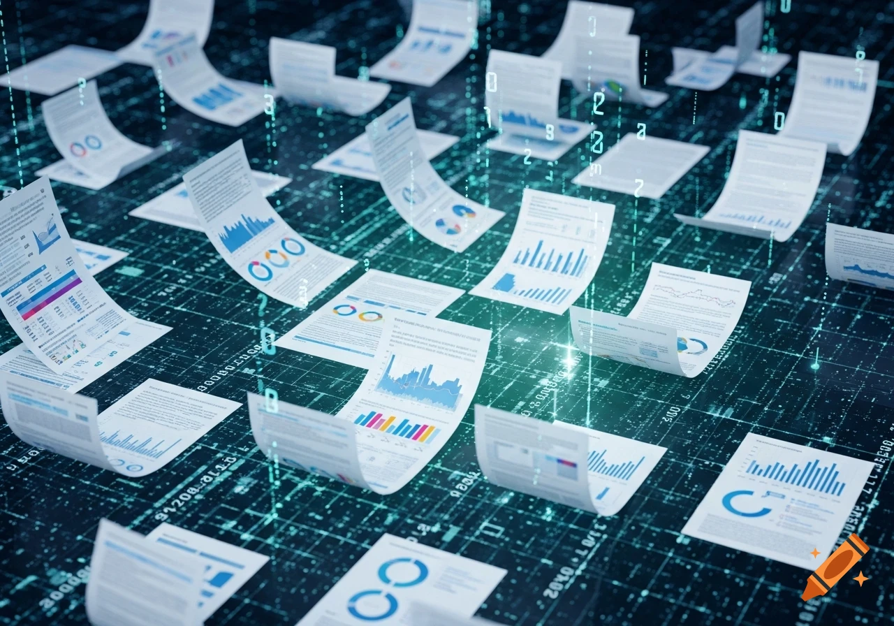Numerous floating business documents with charts and graphs on a glowing digital grid background with binary code.
