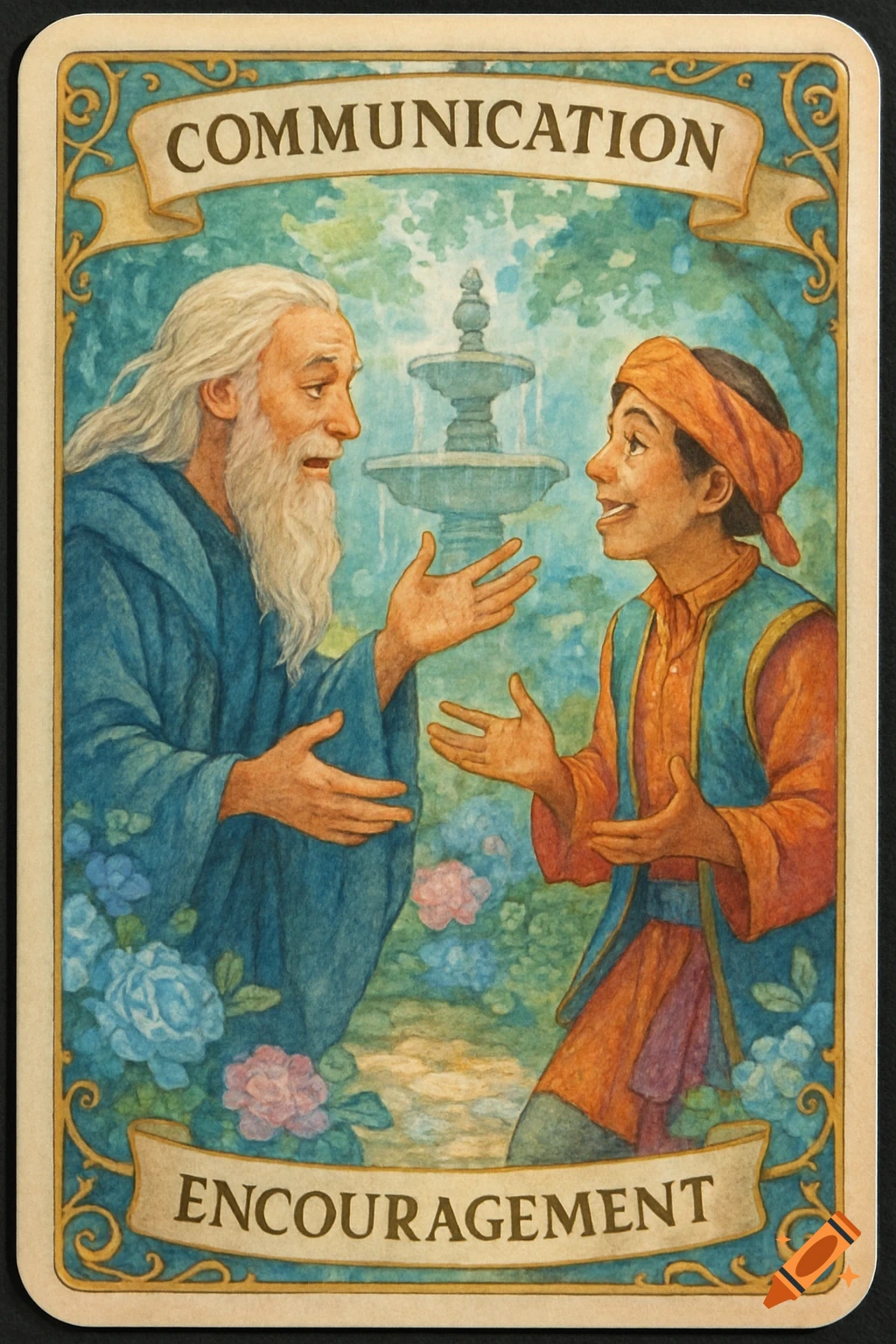An illustration of a board game card showing an older man and a younger man talking in a garden with a fountain. Text reads "COMMUNICATION" and "ENCOURAGEMENT".