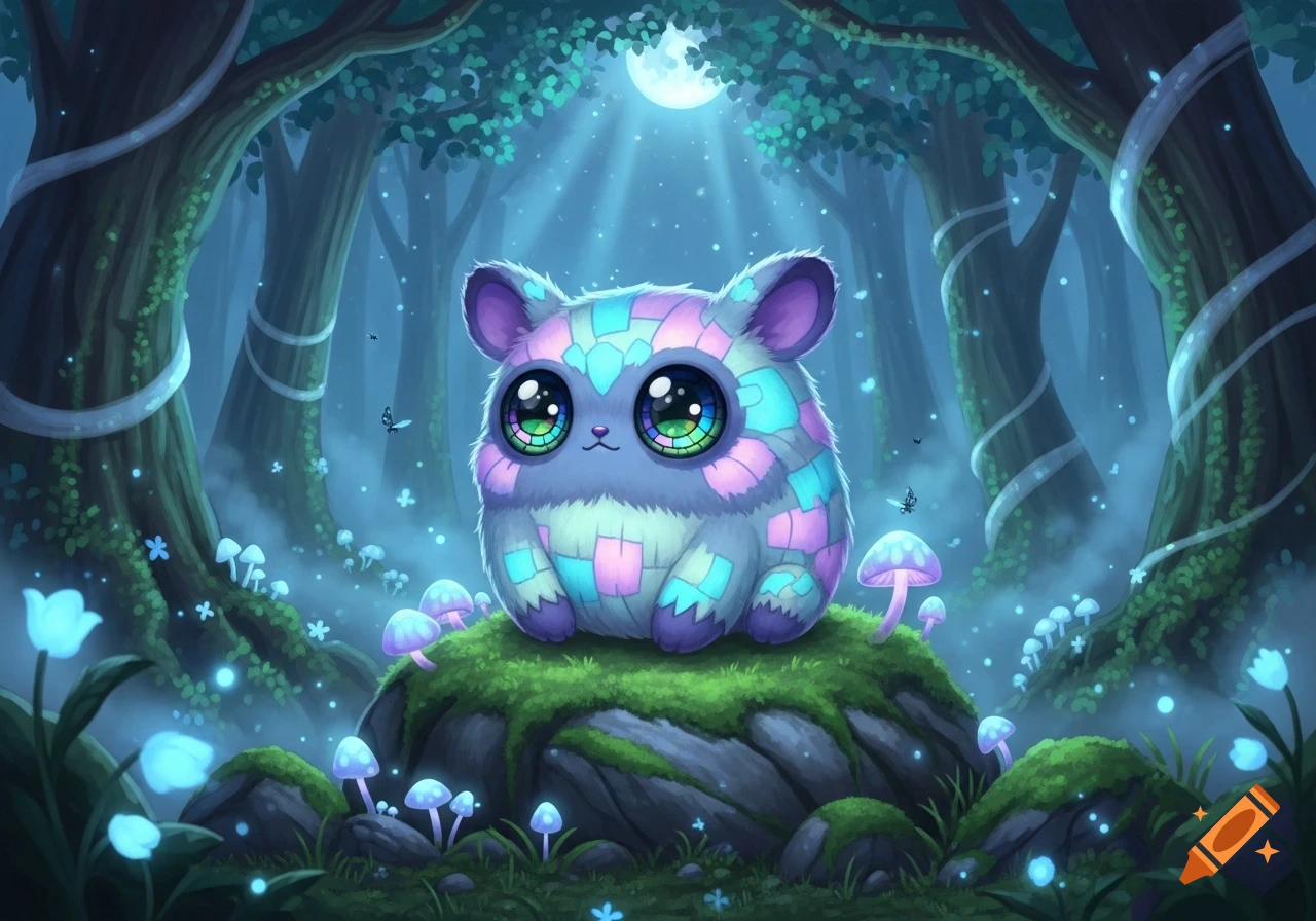 A fluffy, patchwork creature with big, sparkling eyes sits on a mossy rock in a glowing, moonlit magical forest.