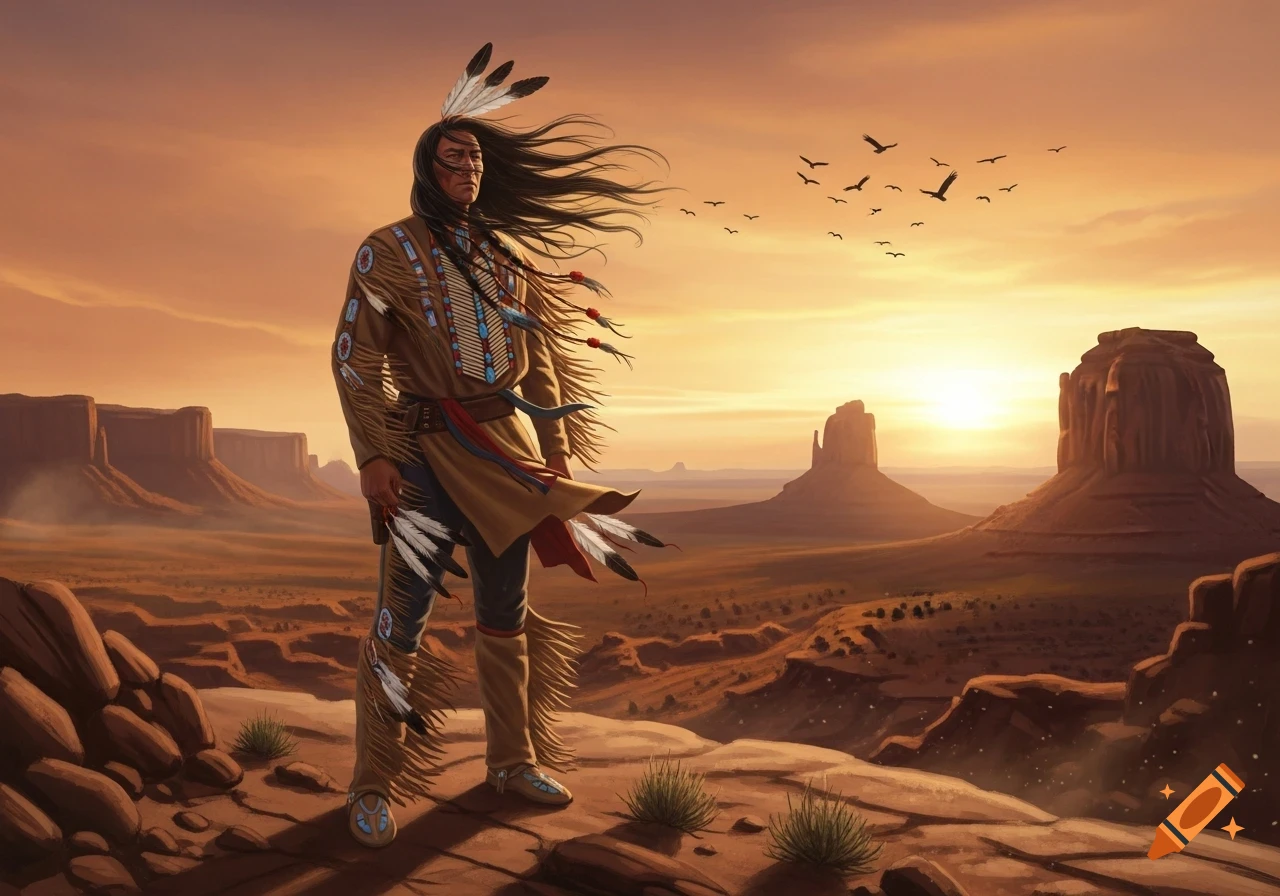 Digital painting of a Native American man in traditional attire standing in a desert landscape at sunset.