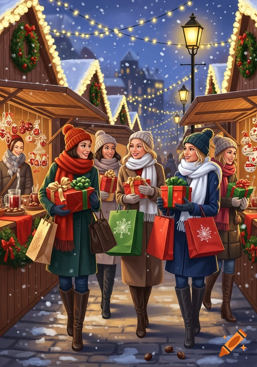 Women in winter clothing shop at a snowy outdoor Christmas market, carrying gifts and festive shopping bags under string lights.