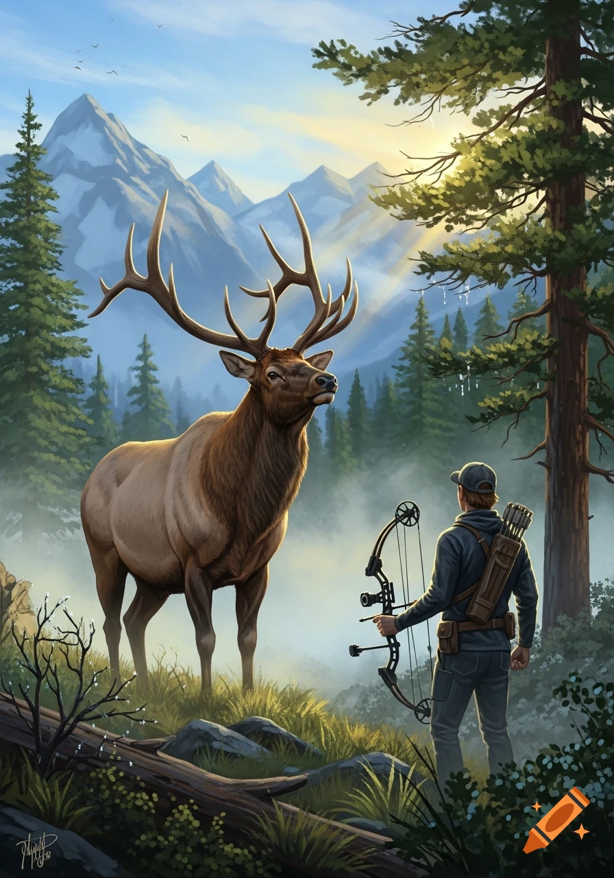 A majestic bull elk with large antlers stands in a mountain forest at sunrise, facing a bow hunter, digital painting.