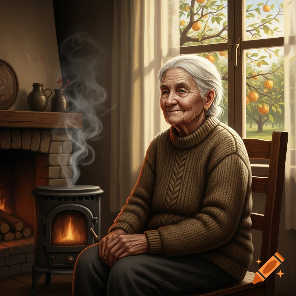 Elderly woman with white hair sitting in a cozy room by a wood stove, smiling gently, with light streaming from a window.