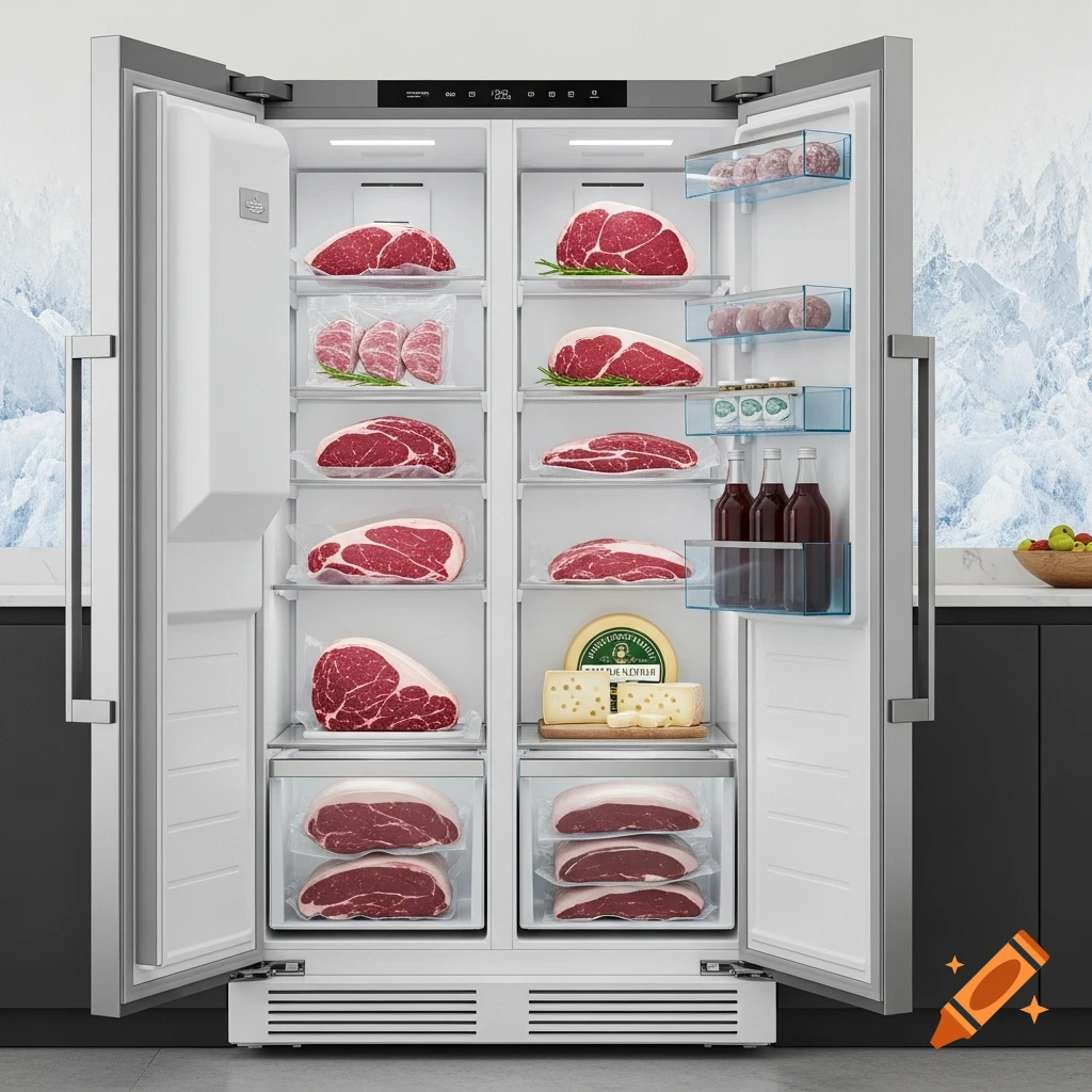 Open stainless steel refrigerator with multiple shelves filled with cuts of raw red meat, cheese, and bottles.