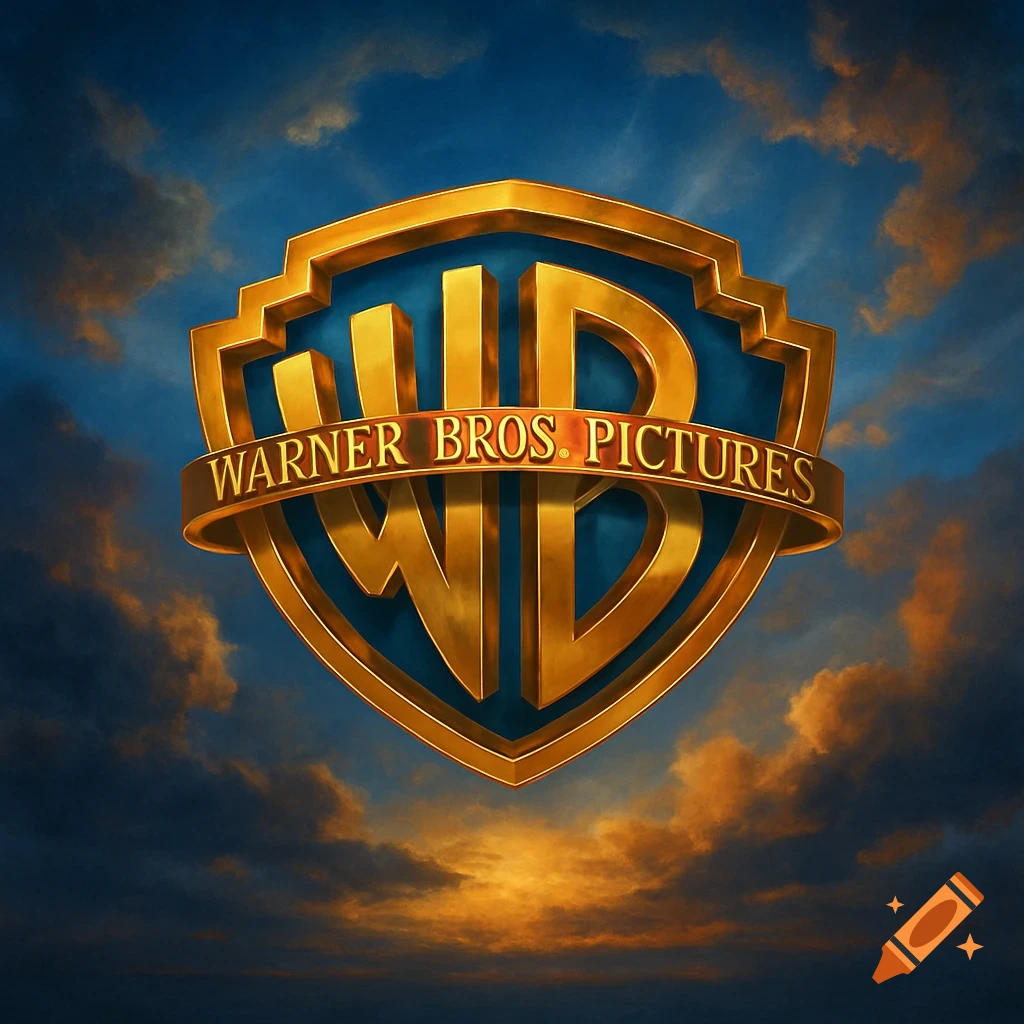 The gold Warner Bros. Pictures shield logo against a dramatic blue and orange sky.