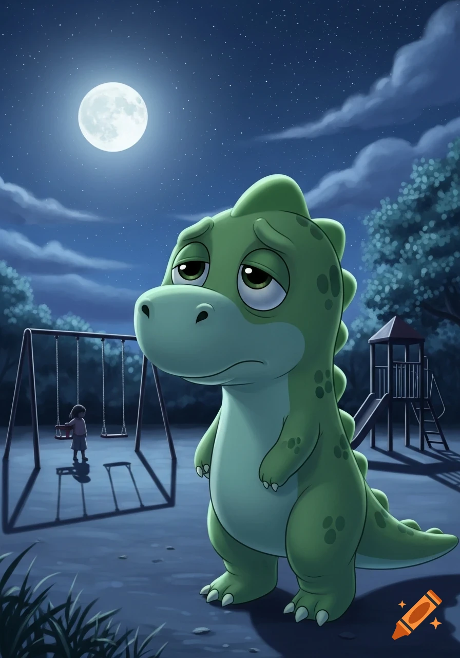 A sad green cartoon dinosaur stands in a moonlit playground at night, with a small child on a swing in the background.
