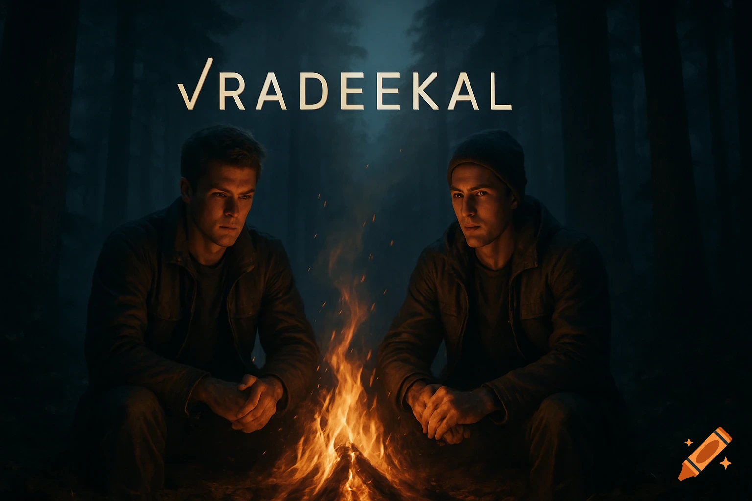 Two men sit by a glowing campfire in a dark forest at night, with the text '√RADEEKAL' above them. Cinematic style.