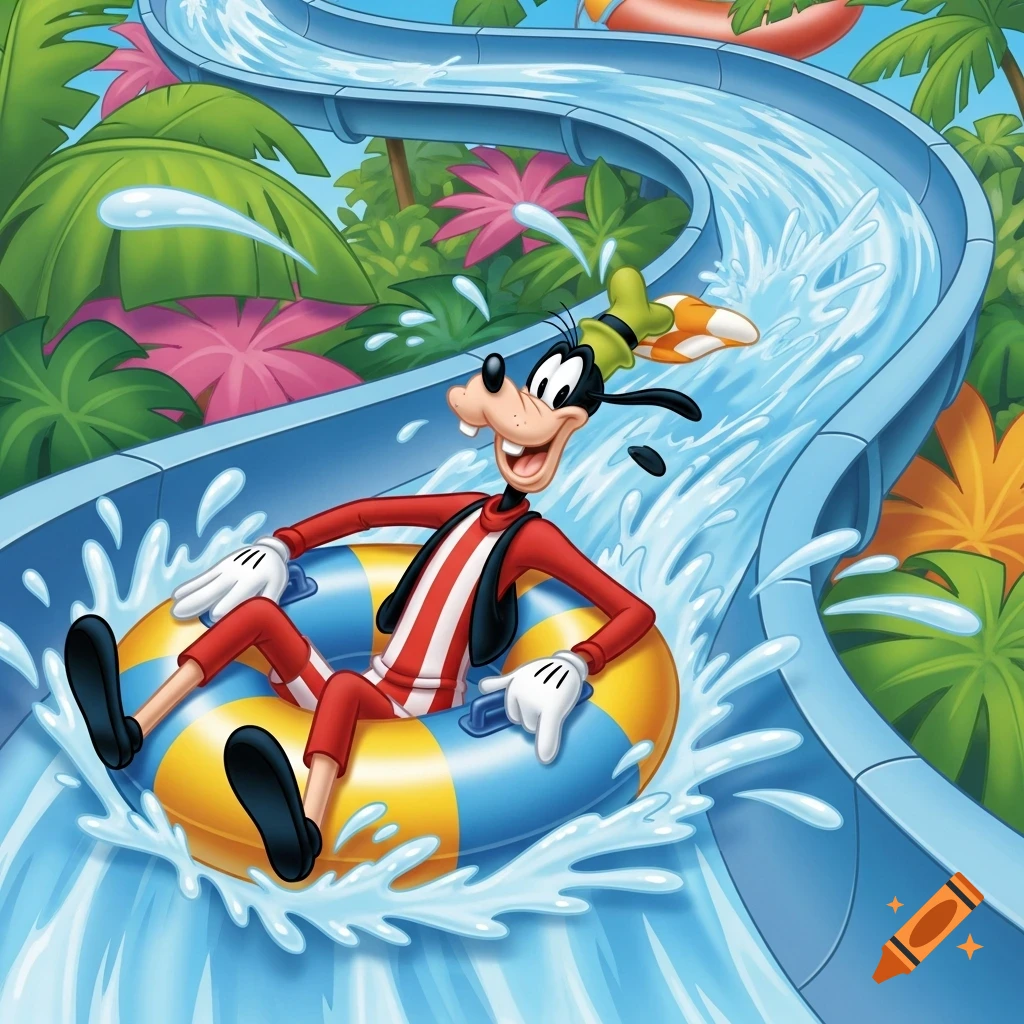 Goofy wearing a red striped bathing suit rides an inner tube down a waterslide in a vibrant cartoon style.