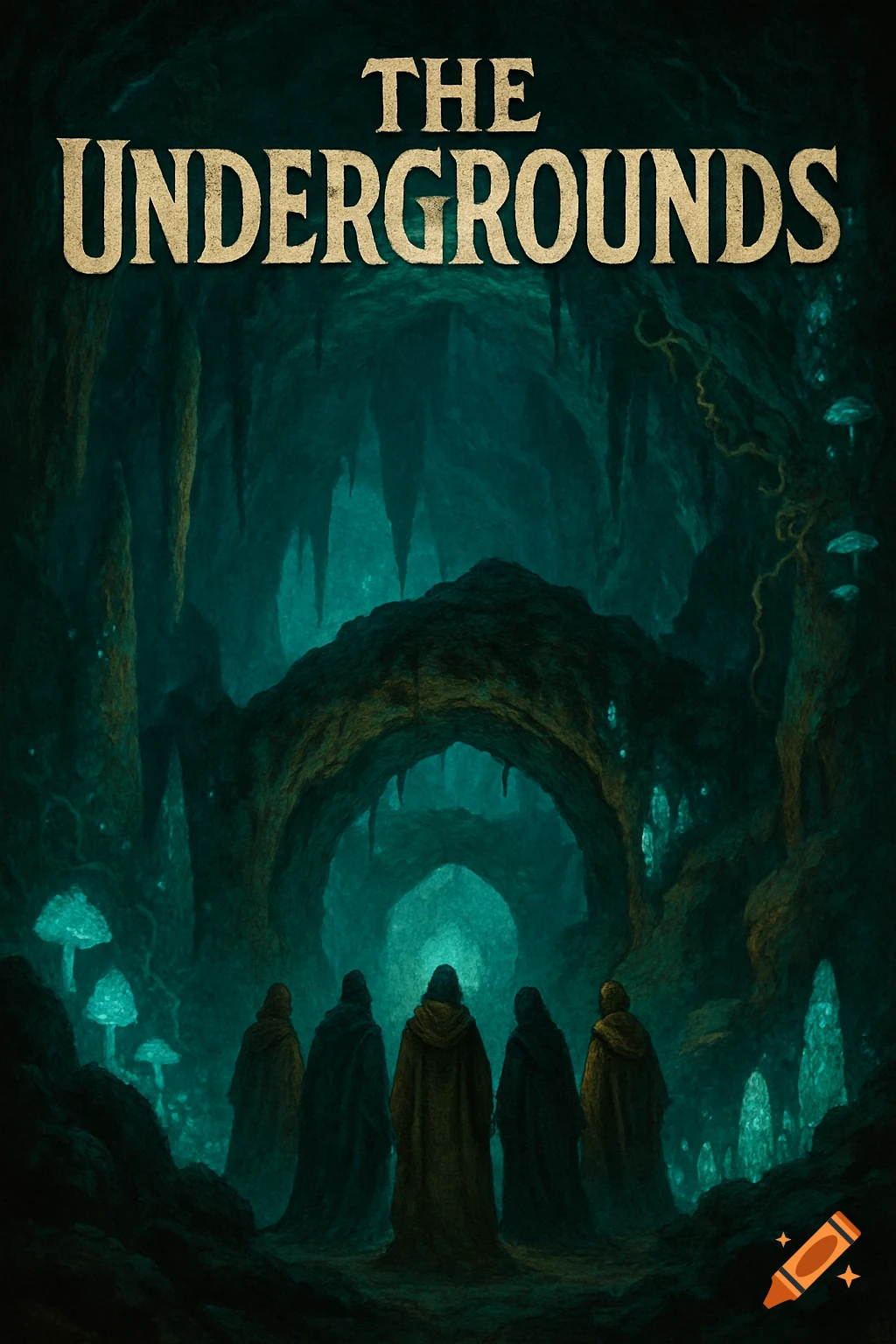 Dark, mystical cave with glowing mushrooms and cloaked figures standing before an archway. Text 'THE UNDERGROUNDS' at top.