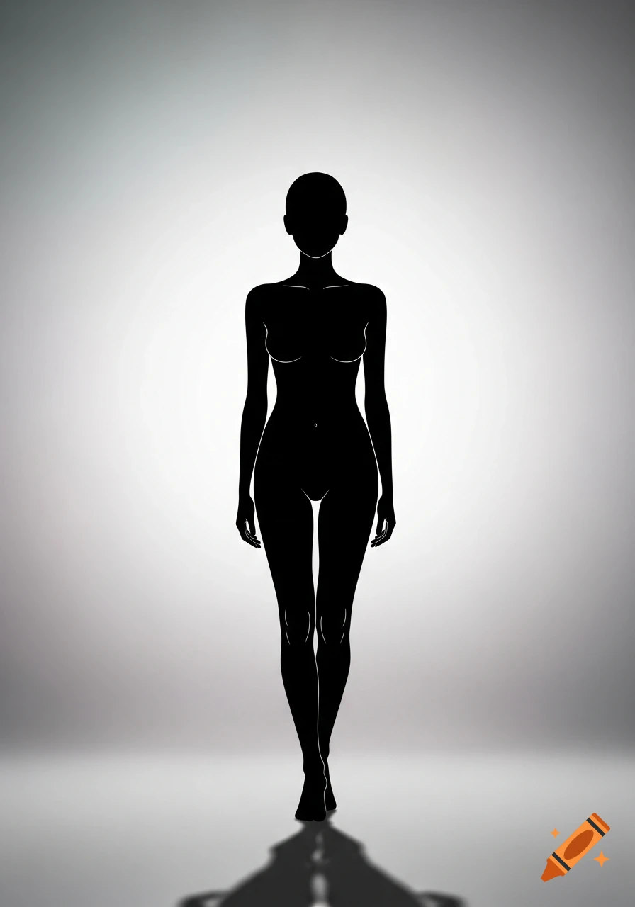 Black silhouette of a standing female body against a gradient grey background with a faint shadow.