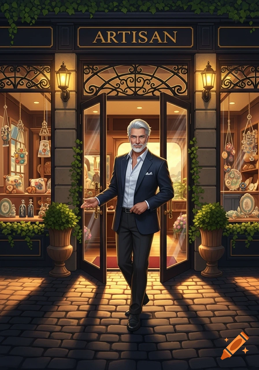 A mature man with grey hair and a beard, wearing a suit, stands in front of a fancy shop with an "ARTISAN" sign.