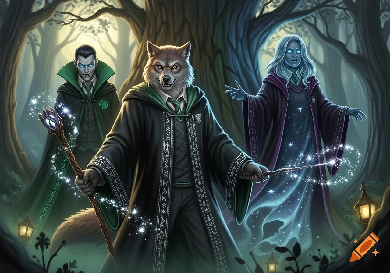 A werewolf, vampire, and a spectral magic user in wizard robes stand in a dark, mystical forest, holding sparkling wands.